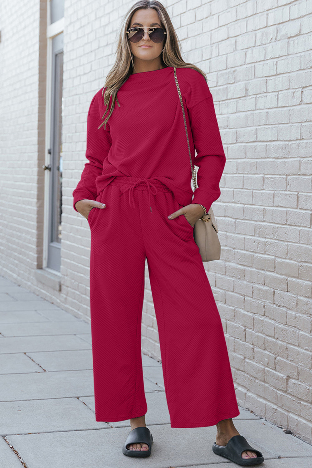 Textured Long Sleeve Top & Drawstring Pants Set