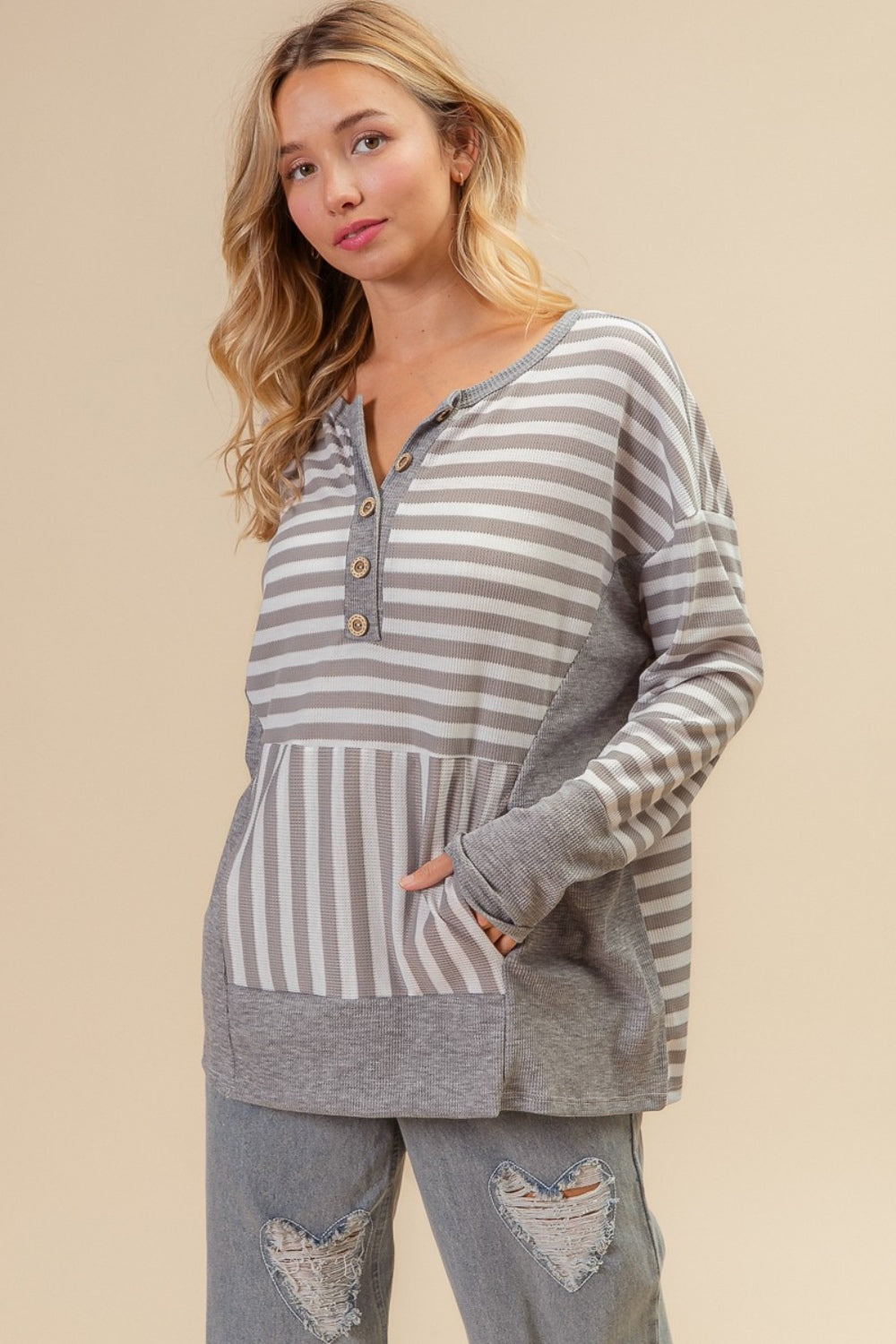 New Arrival✨BiBi Thermal Striped Thumbhole Long Sleeve Top