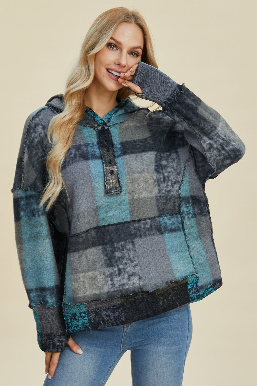 Plaid Dropped Shoulder Hoodie