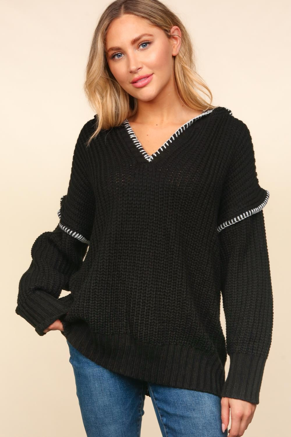 Notched Neck Long Sleeve Hooded Pullover