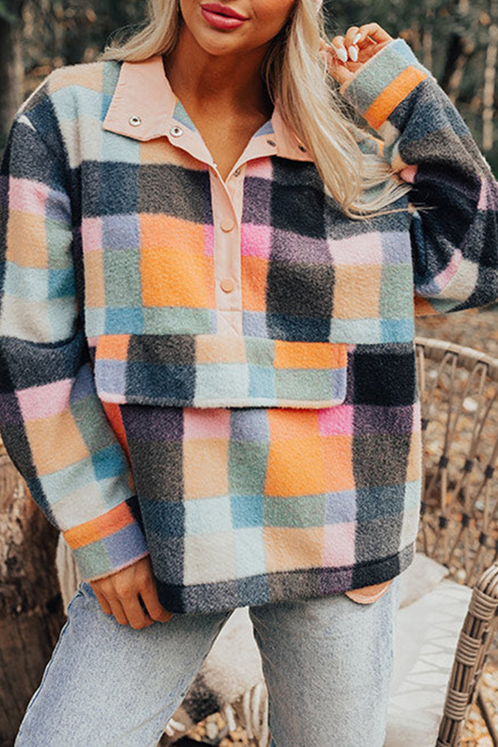 Plaid Pocketed Button Collared Sweatshirt