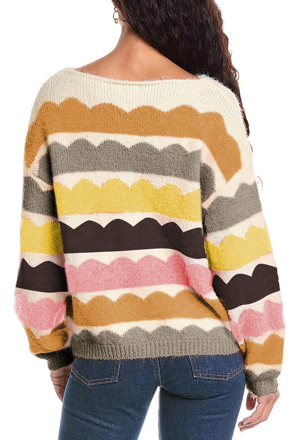 Wave Striped Balloon Sleeve Loose Sweater