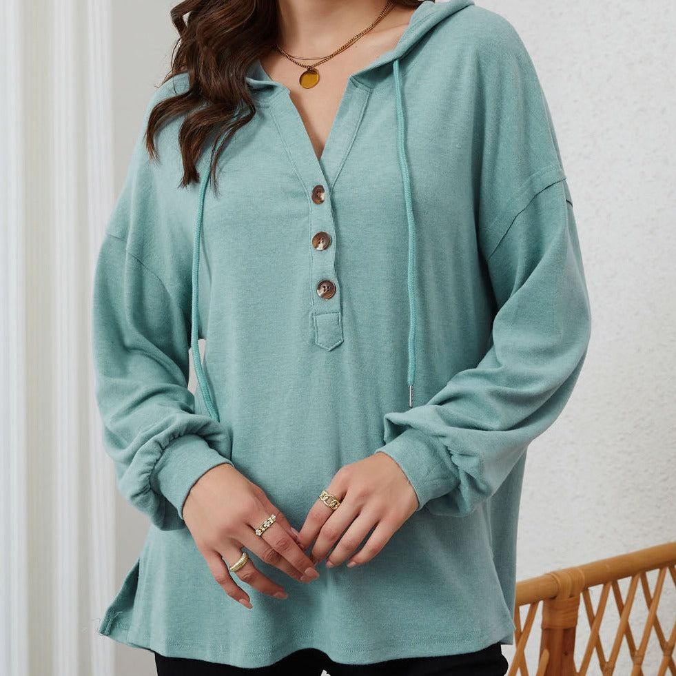 Buttoned High and Low Hem Hoodie