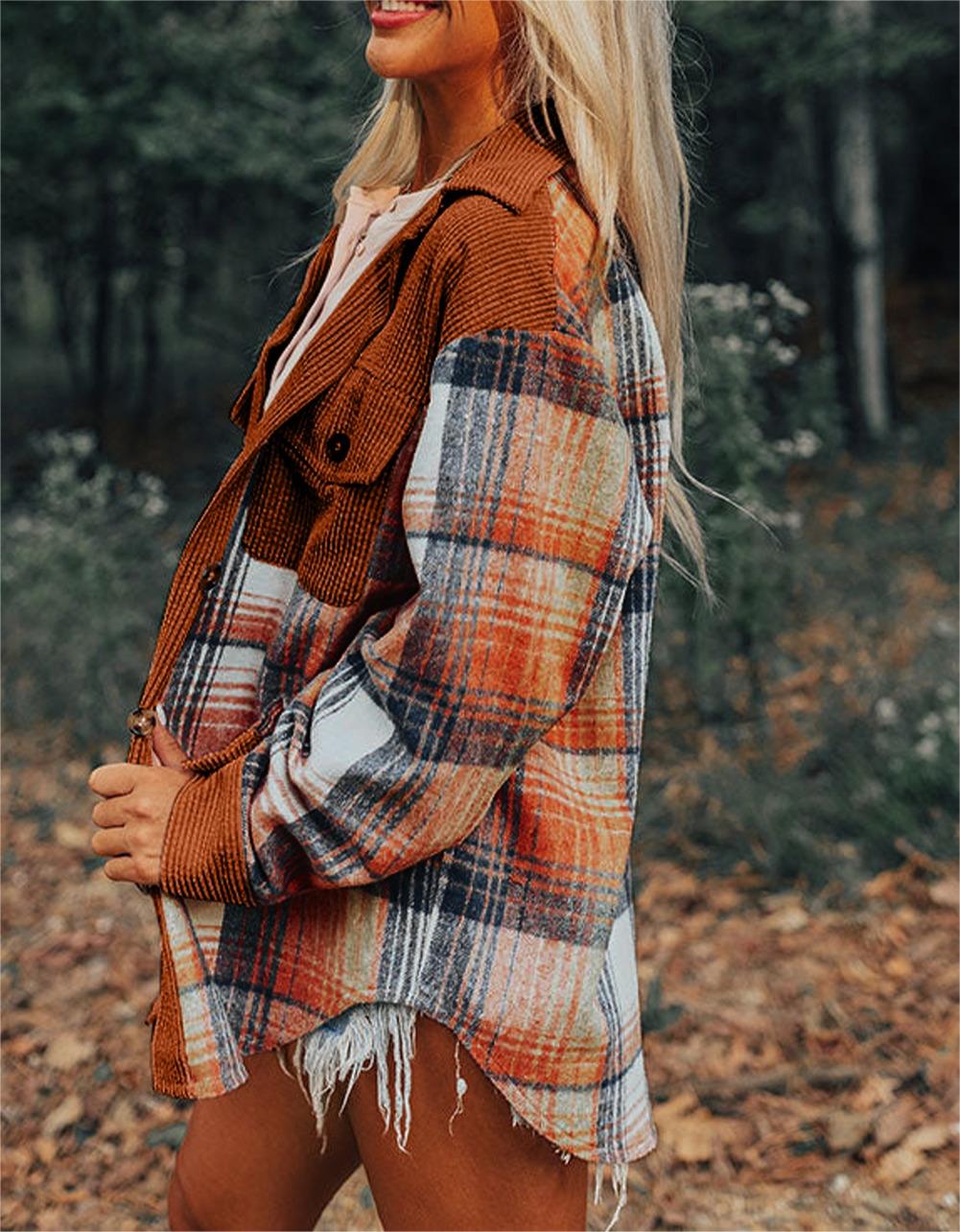 Plaid Corduroy Patchwork Chest Pocket Shacket