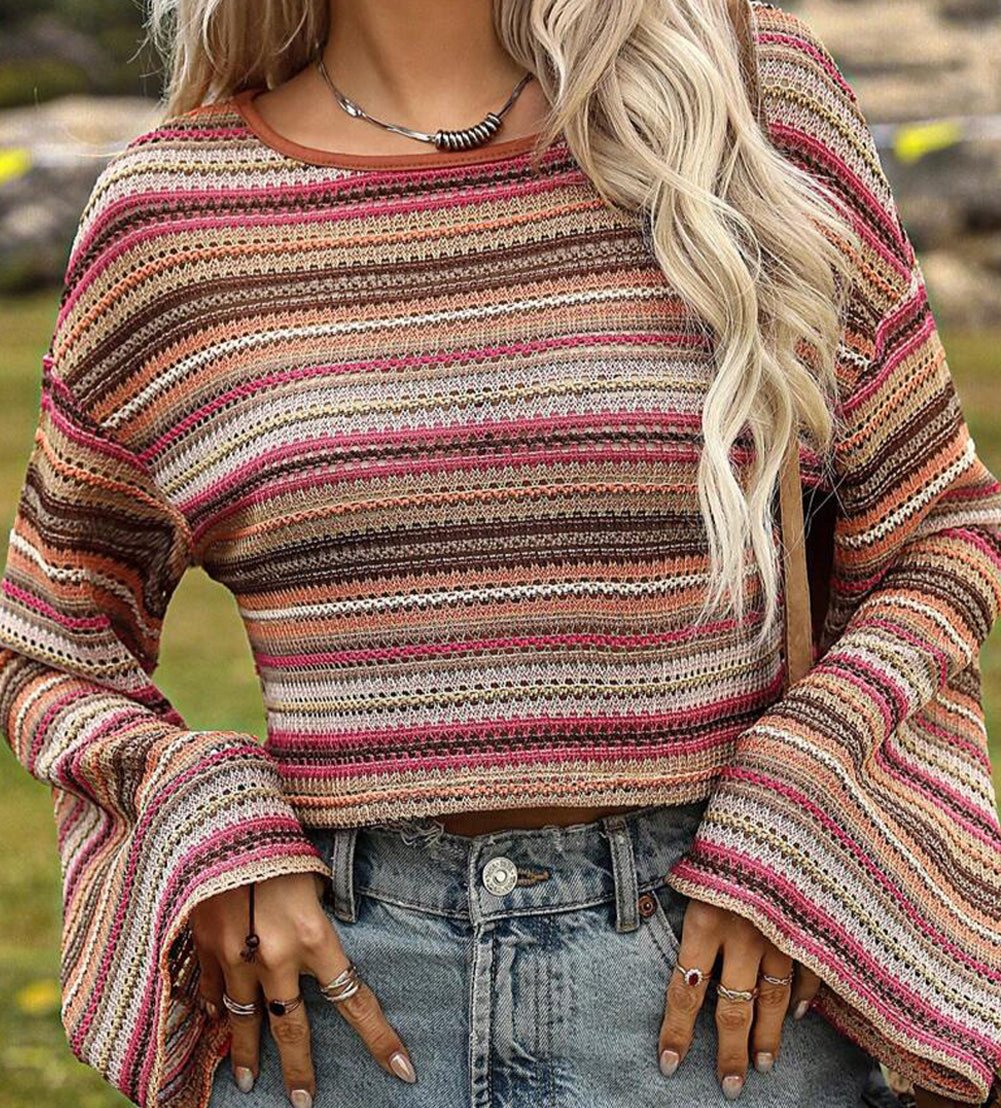 Striped Wide Sleeve Cropped Top