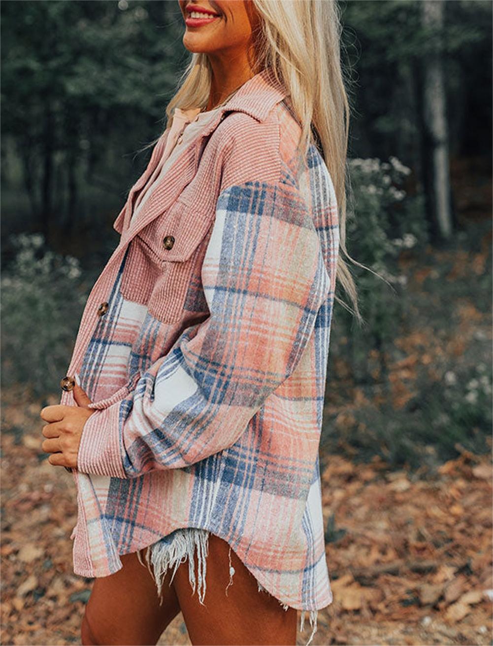 Plaid Corduroy Patchwork Chest Pocket Shacket