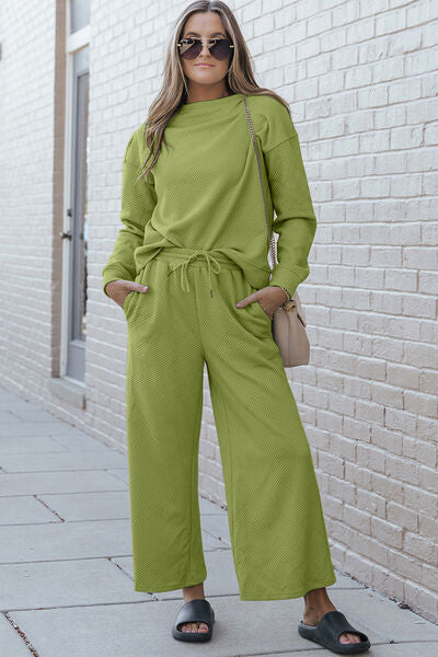 Textured Long Sleeve Top & Drawstring Pants Set