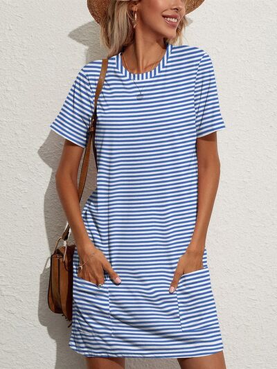 🖤Pocketed Striped Round Neck Short Sleeve Dress