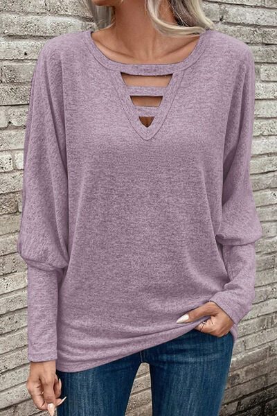 Cutout Round Neck Long Sleeve Shirt