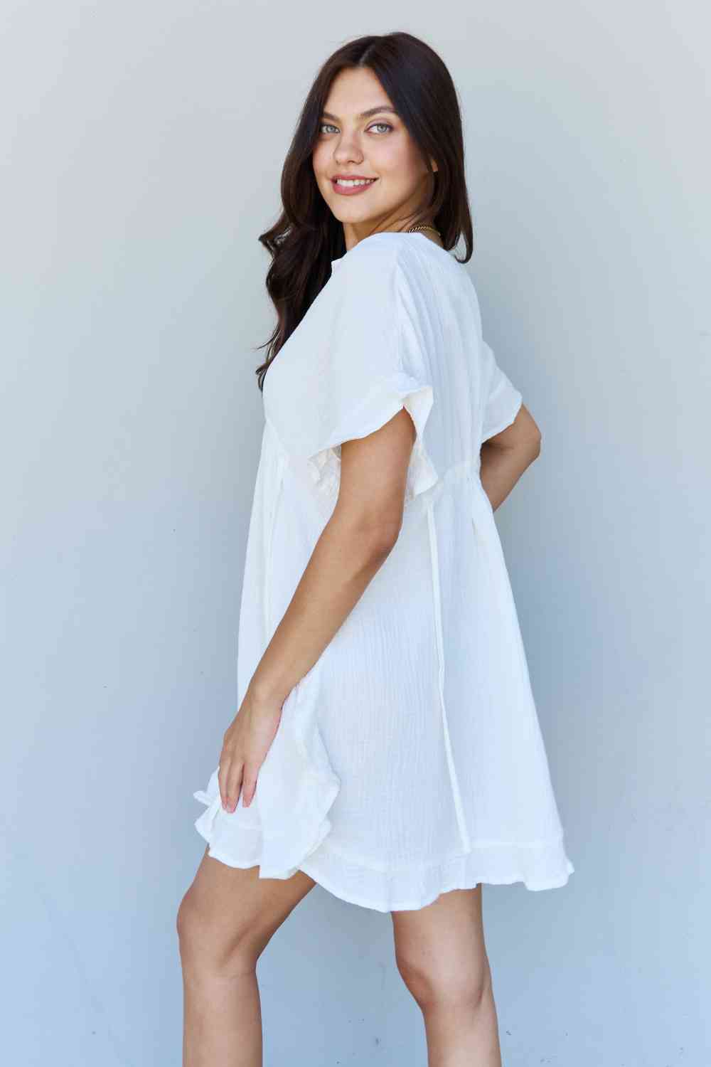 White Ruffle Hem Dress with Drawstring Waistband