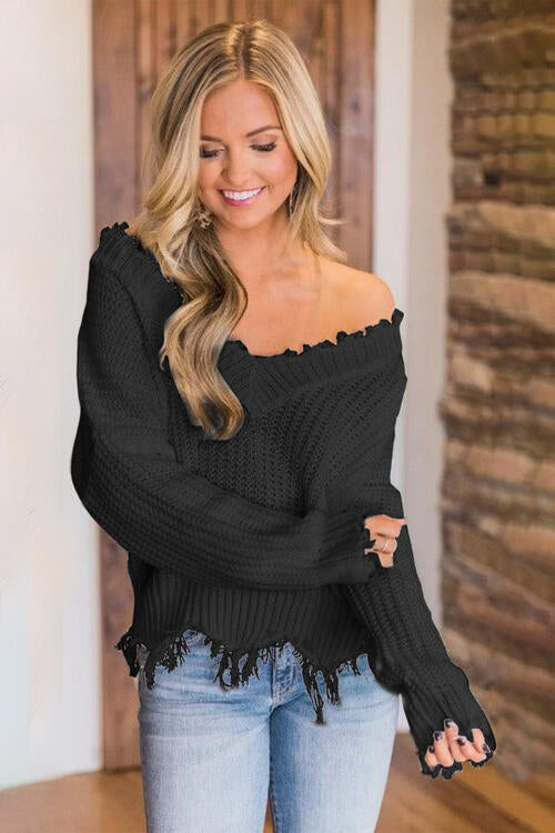 🖤Frayed Hem Dropped Shoulder Sweater