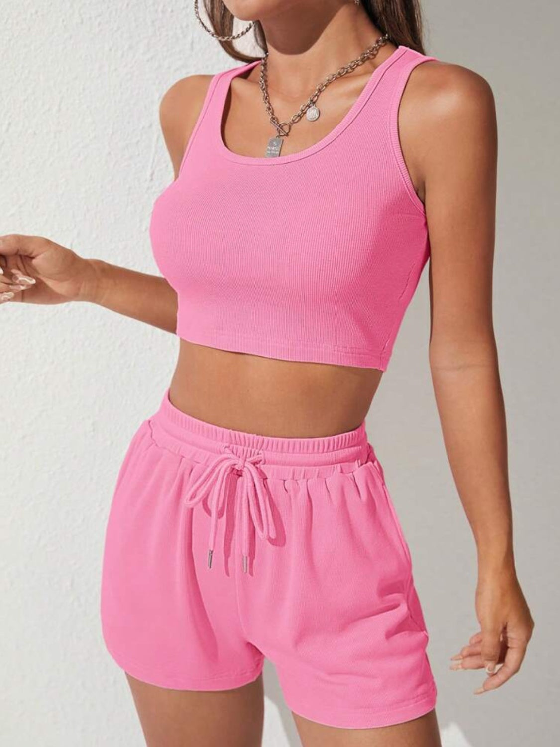 🌸Scoop Neck Tank Top and Drawstring Shorts Set