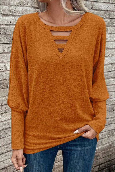 Cutout Round Neck Long Sleeve Shirt