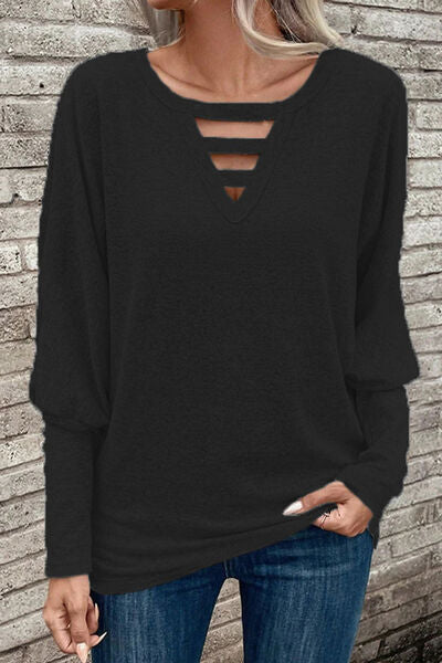 Cutout Round Neck Long Sleeve Shirt