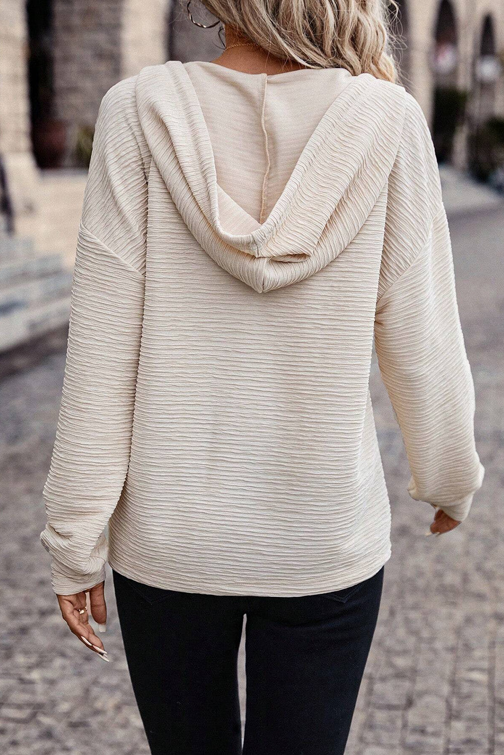 Ivory Half Button Dropped Shoulder Hoodie