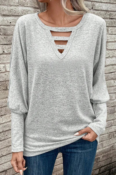 Cutout Round Neck Long Sleeve Shirt