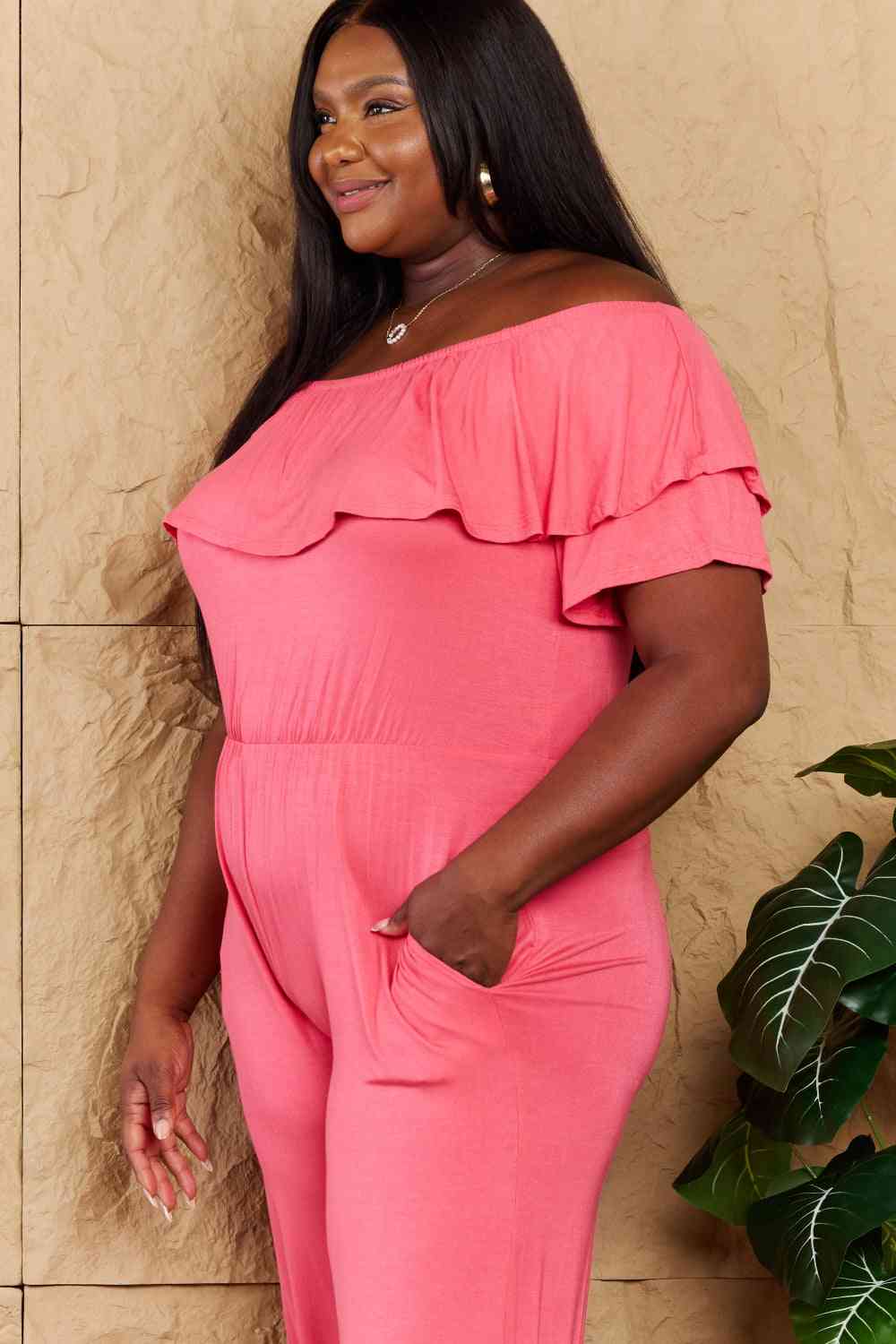 Coral Off-Shoulder Jumpsuit with Pockets