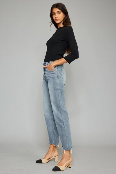 Kancan High Waist Raw Hem Cropped Wide Leg Jeans