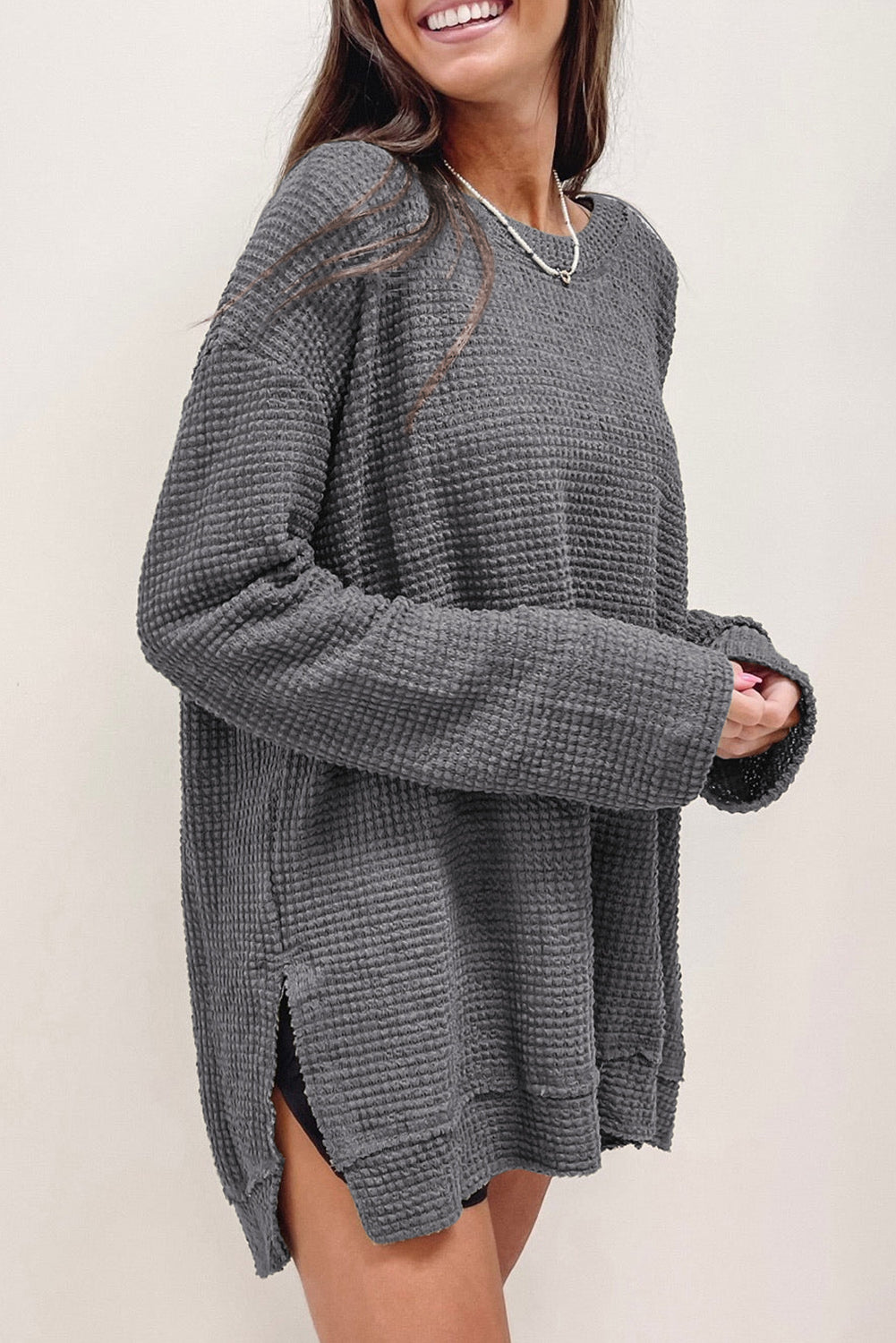 Waffle-Knit Round Neck Long Sleeve Shirt