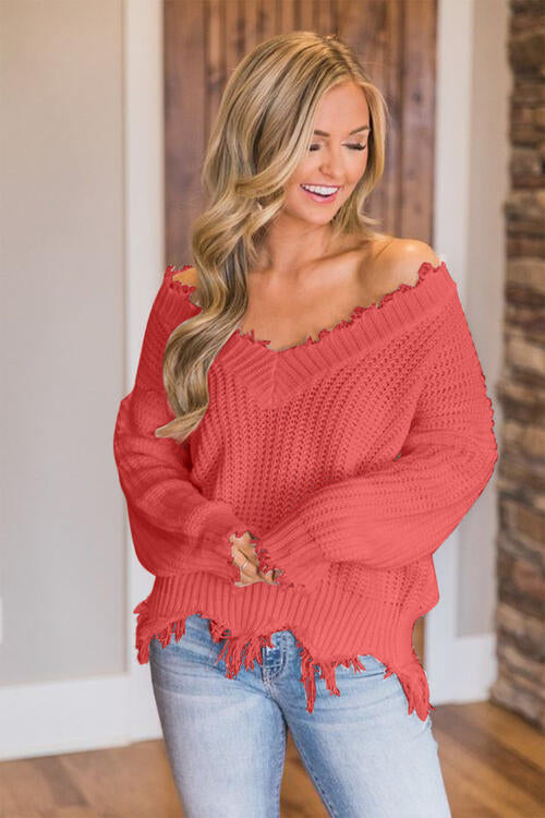 🖤Frayed Hem Dropped Shoulder Sweater