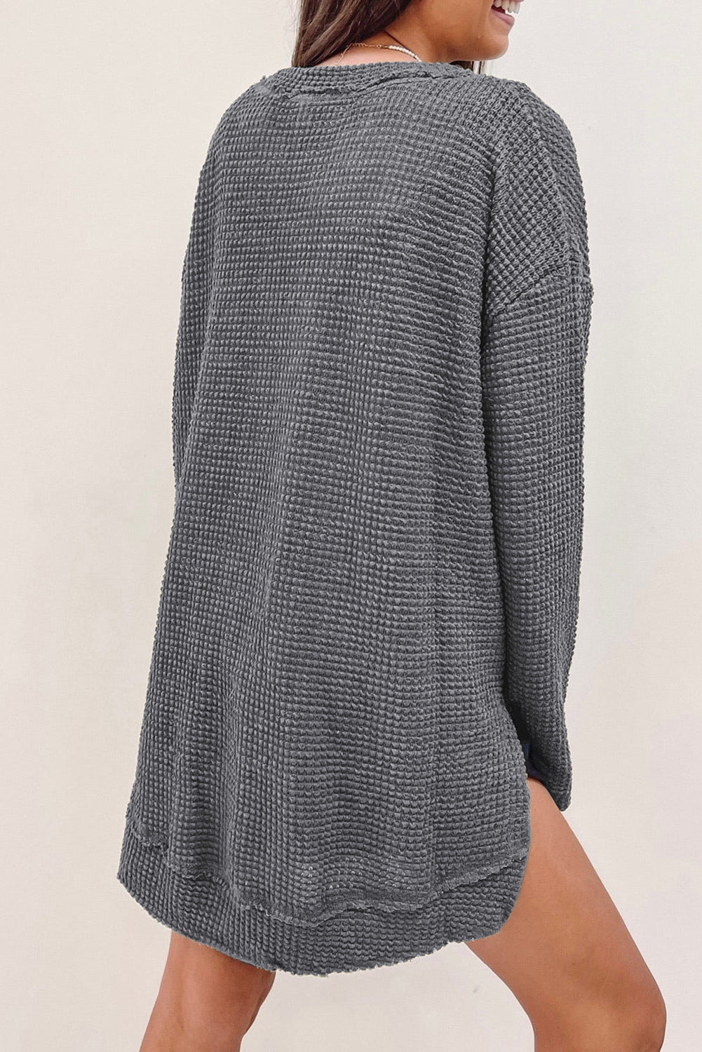 Waffle-Knit Round Neck Long Sleeve Shirt