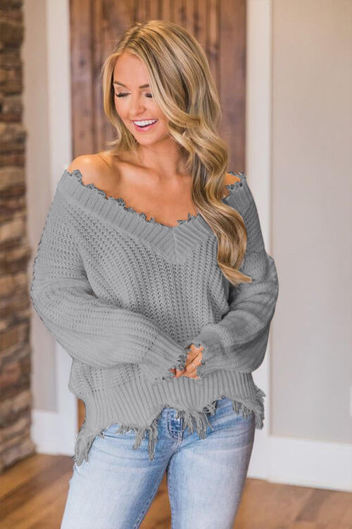 🖤Frayed Hem Dropped Shoulder Sweater