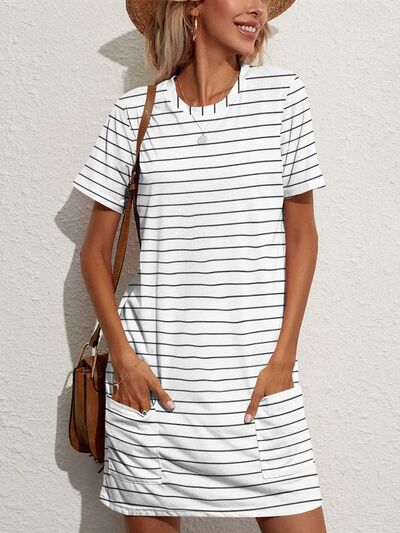 🖤Pocketed Striped Round Neck Short Sleeve Dress