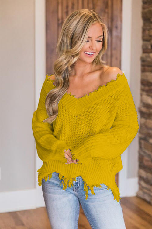 🖤Frayed Hem Dropped Shoulder Sweater