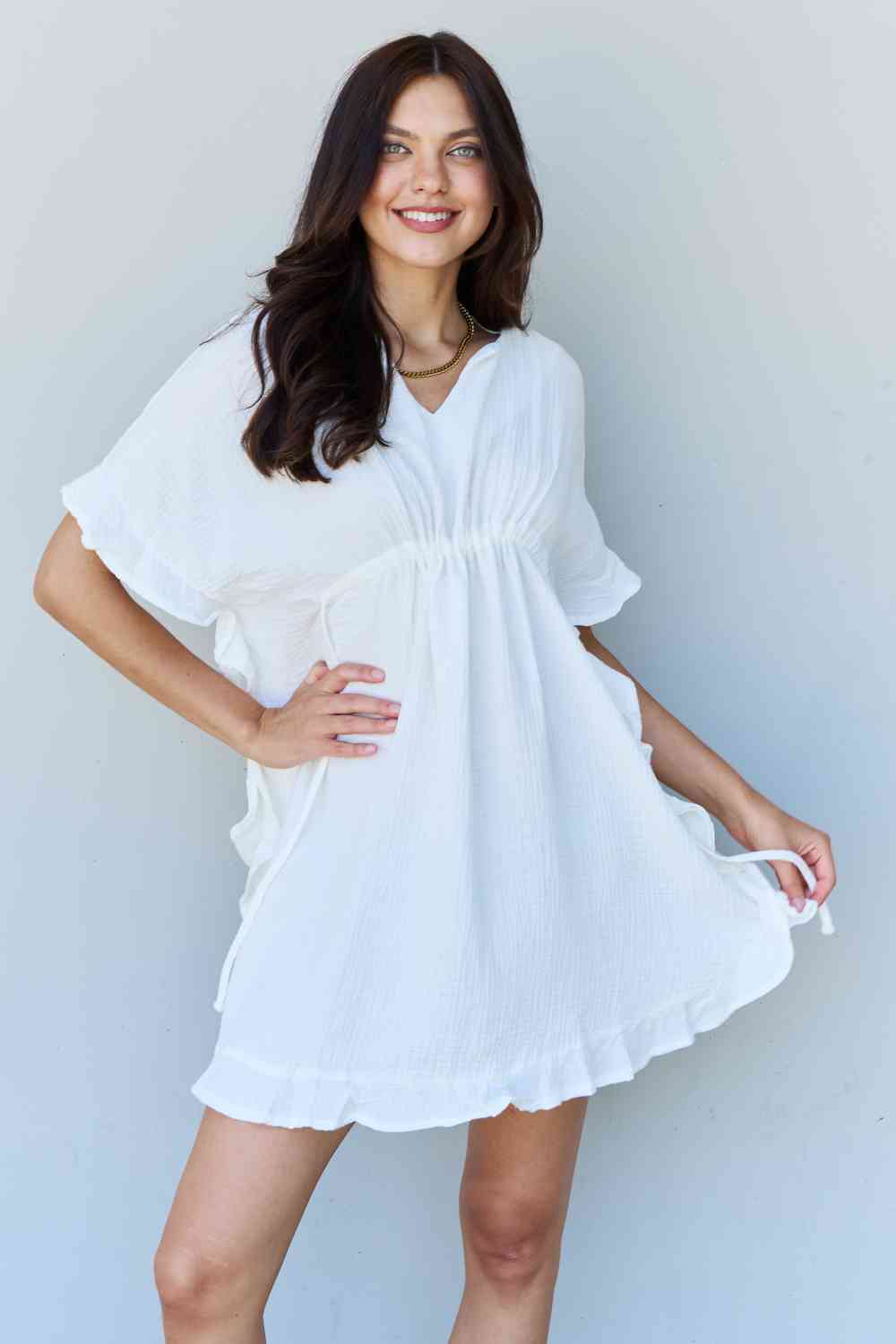 White Ruffle Hem Dress with Drawstring Waistband