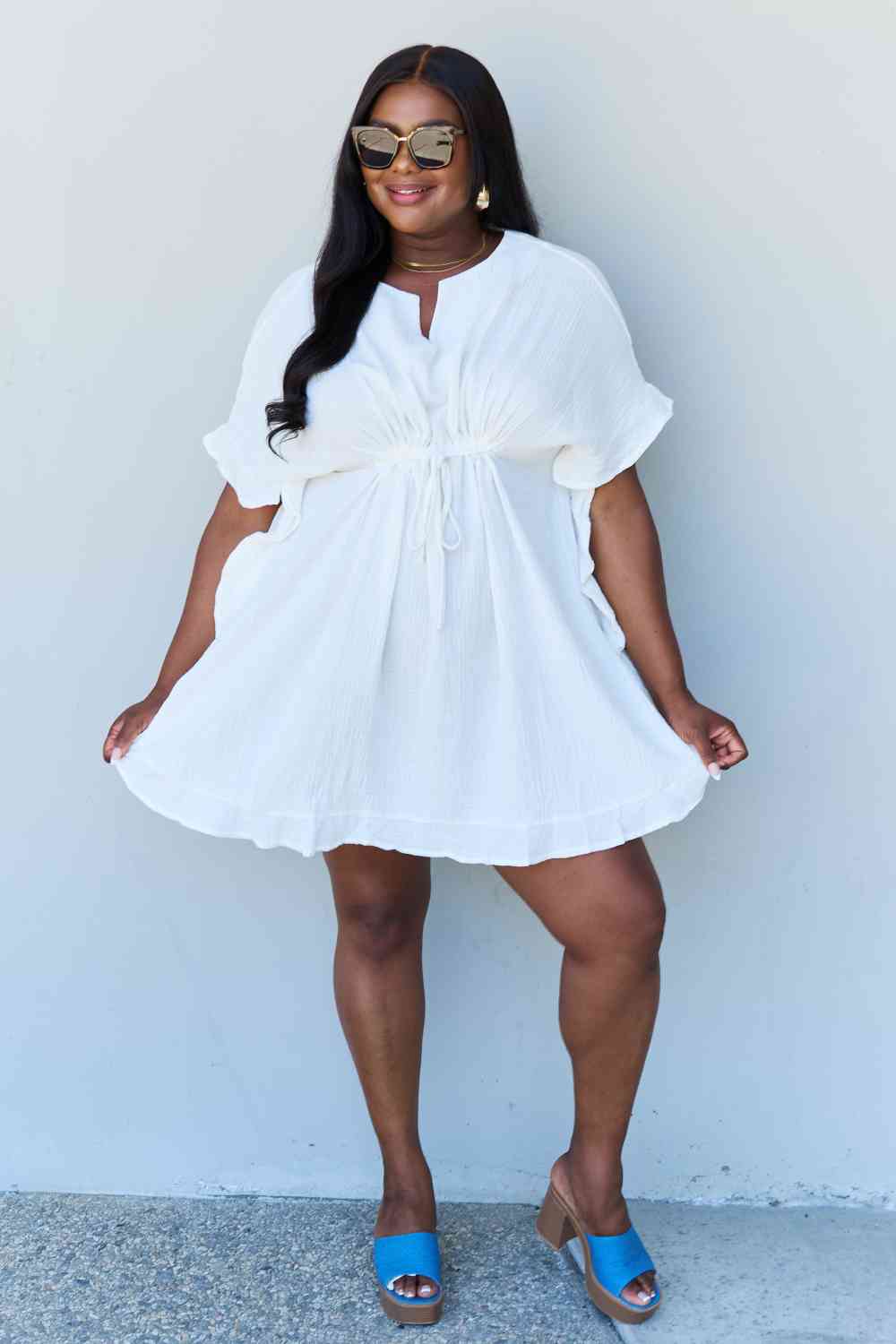 White Ruffle Hem Dress with Drawstring Waistband