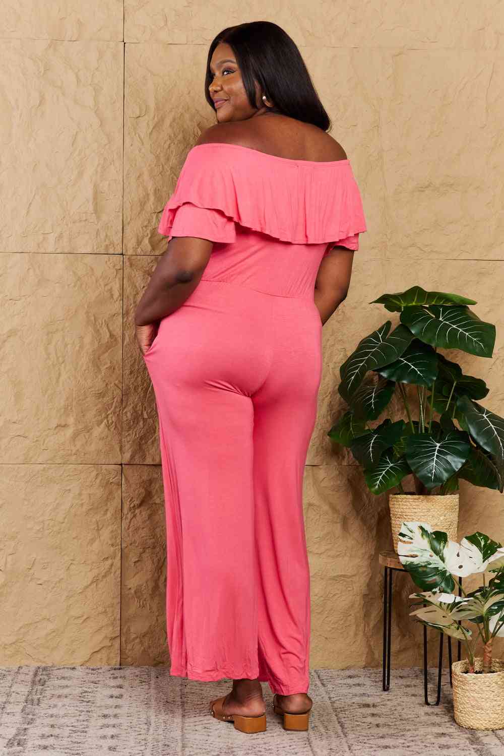 Coral Off-Shoulder Jumpsuit with Pockets