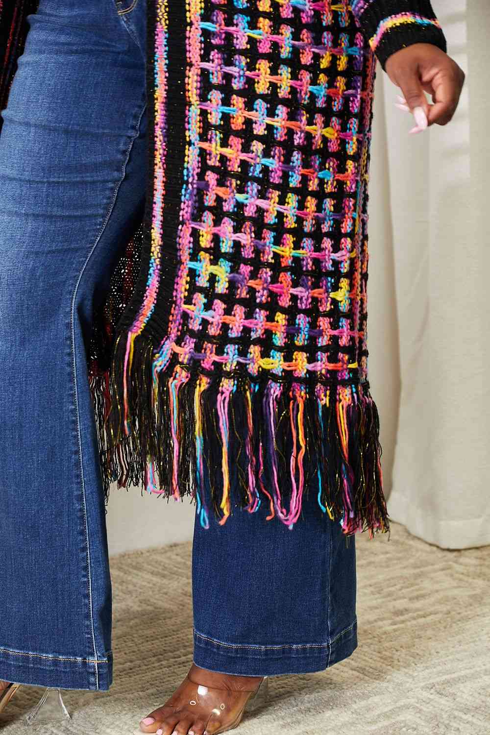 💕Multicolored Open Front Fringe Hem Cardigan