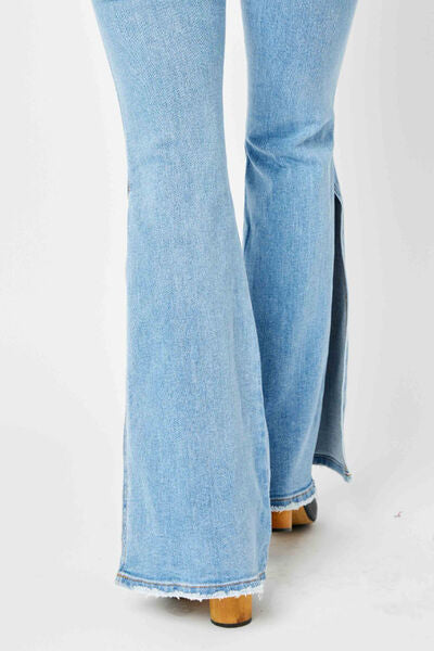 Judy Blue Mid Rise Raw Hem Slit Flare Jeans