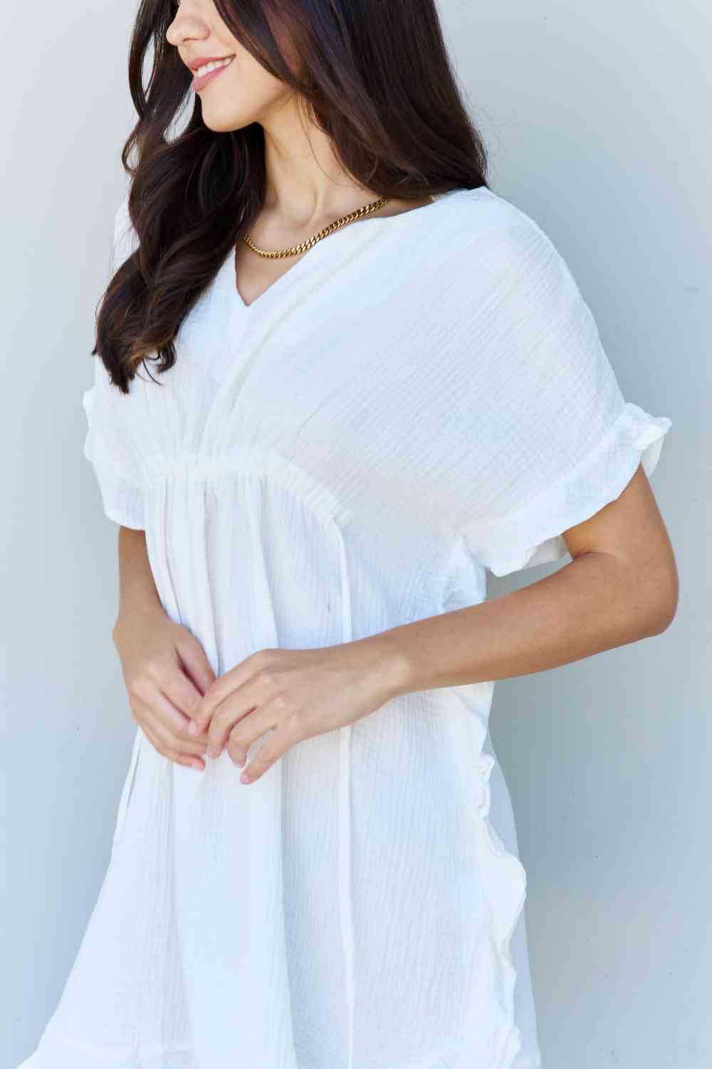 White Ruffle Hem Dress with Drawstring Waistband