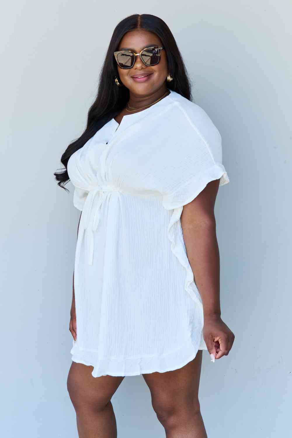 White Ruffle Hem Dress with Drawstring Waistband