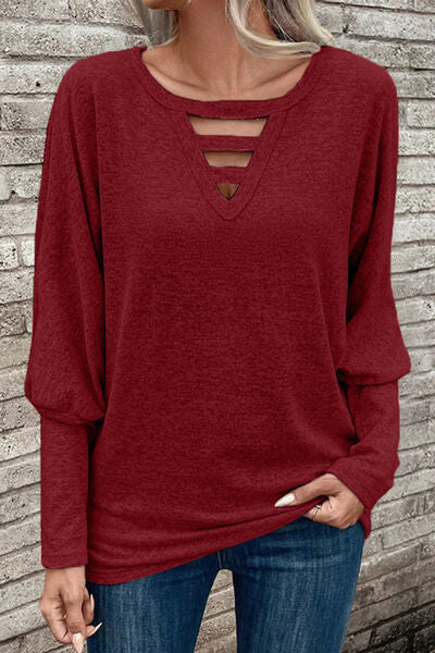 Cutout Round Neck Long Sleeve Shirt