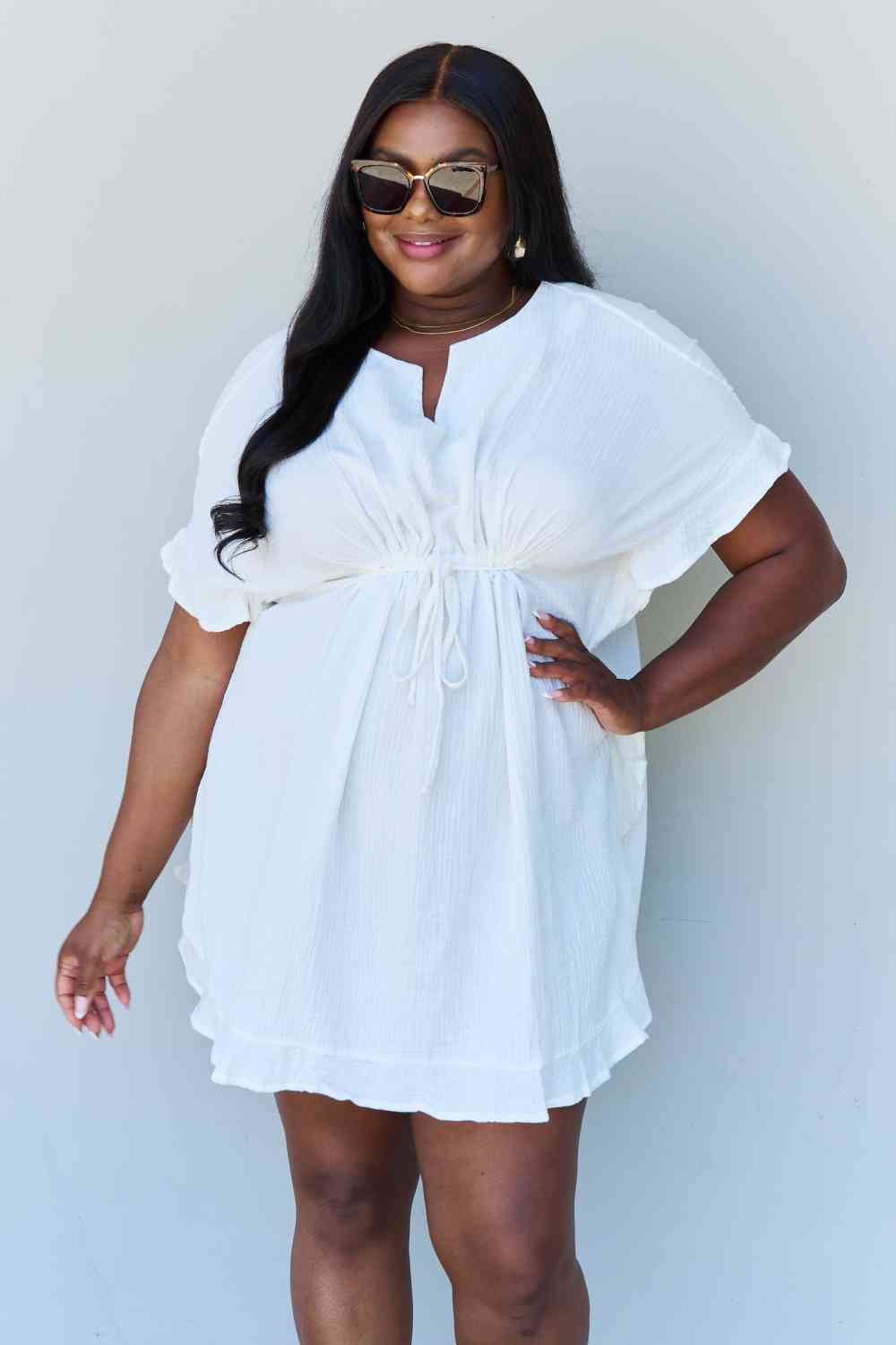 White Ruffle Hem Dress with Drawstring Waistband