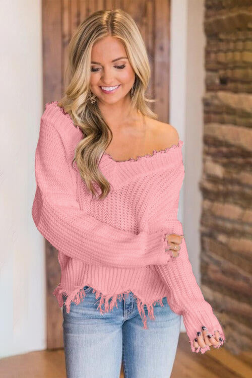 🖤Frayed Hem Dropped Shoulder Sweater