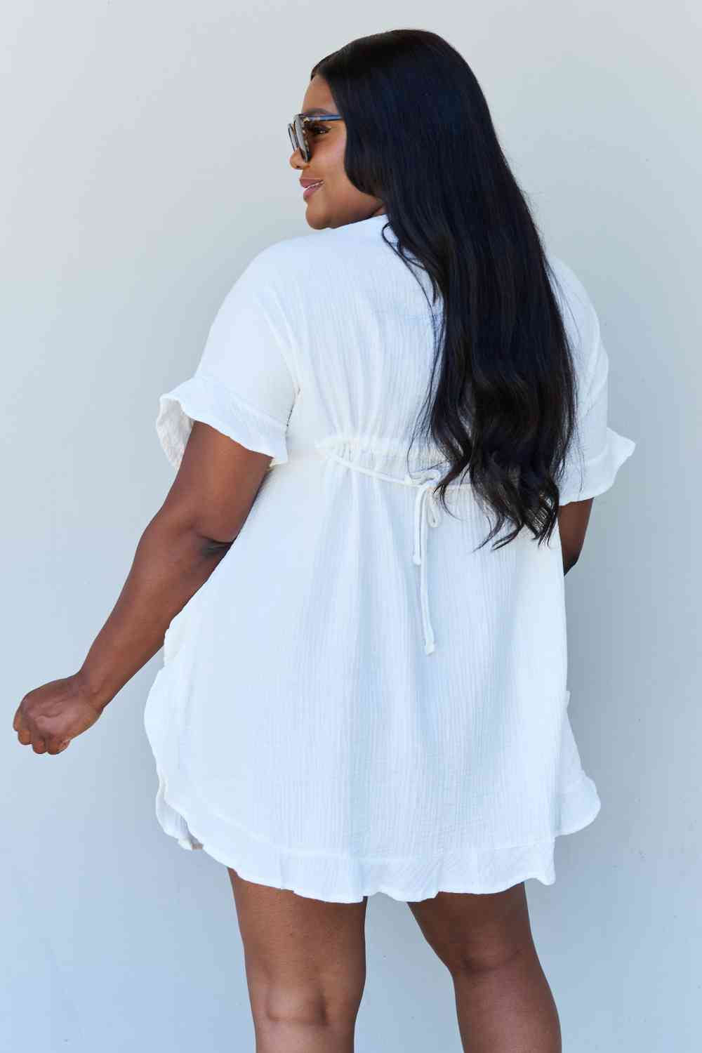 White Ruffle Hem Dress with Drawstring Waistband