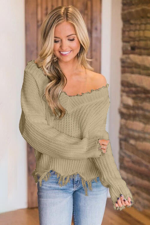 🖤Frayed Hem Dropped Shoulder Sweater