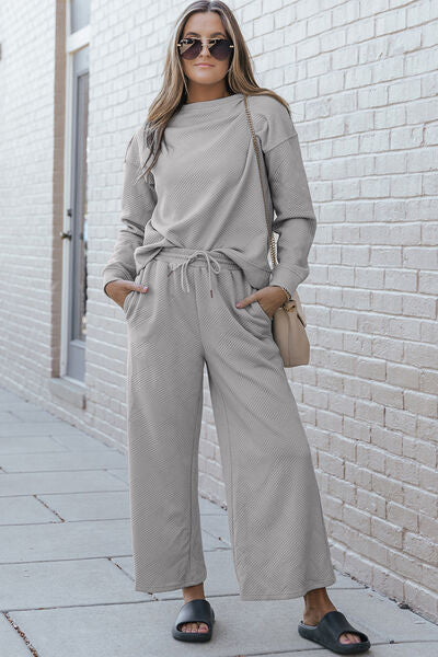 Textured Long Sleeve Top & Drawstring Pants Set