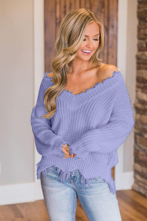 🖤Frayed Hem Dropped Shoulder Sweater