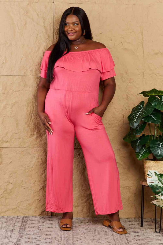 Coral Off-Shoulder Jumpsuit with Pockets