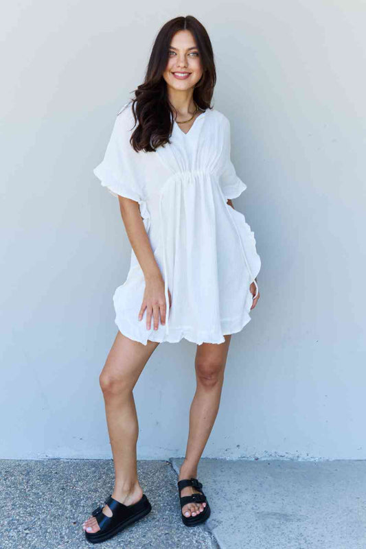 White Ruffle Hem Dress with Drawstring Waistband