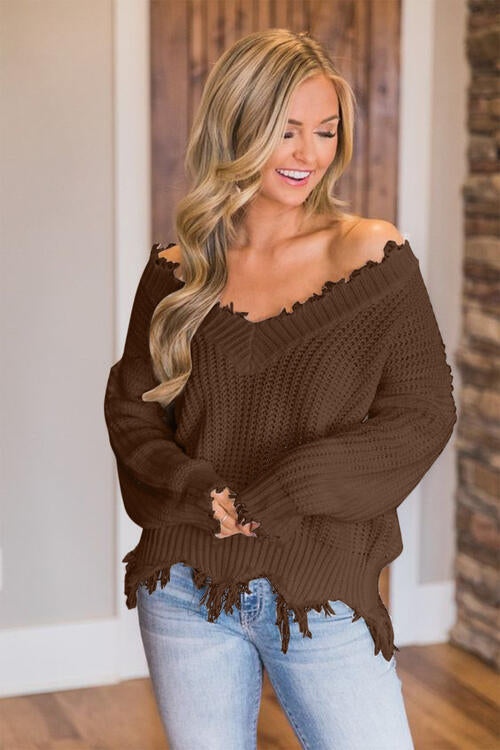 🖤Frayed Hem Dropped Shoulder Sweater